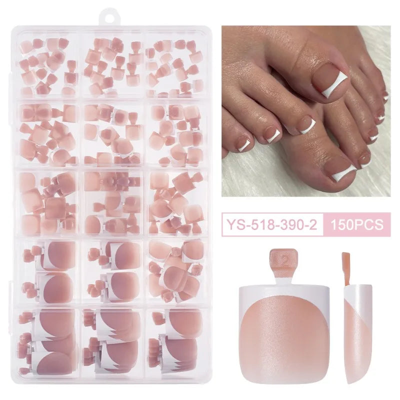 Una caja de 150 uñas postizas acrílicas cuadradas en color rosa nude con empaque transparente y herramientas de aplicación.