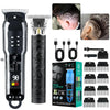 A set of professional cordless hair clippers and beard trimmers shown with various attachments and accessories.