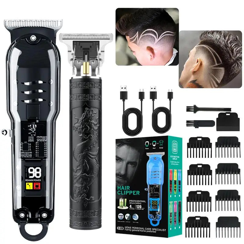 A set of professional cordless hair clippers and beard trimmers shown with various attachments and accessories.