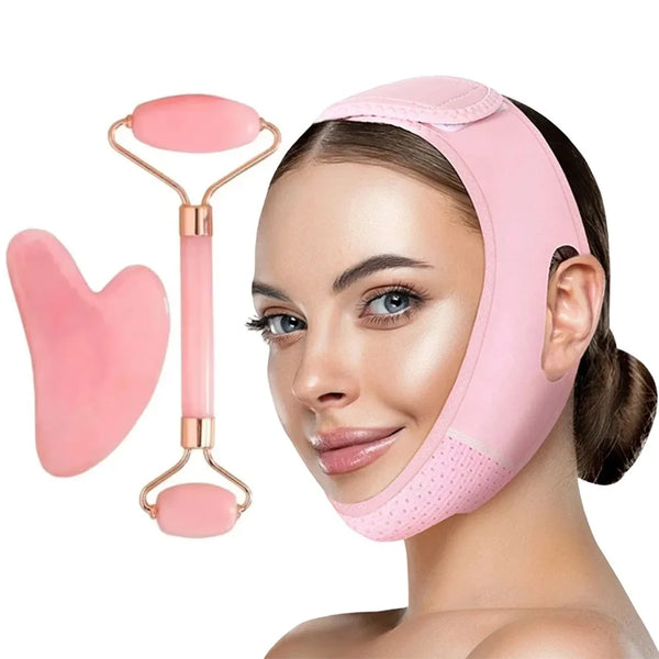 A woman is wearing a pink V-Line face shaping strap designed for jawline and double chin contouring.