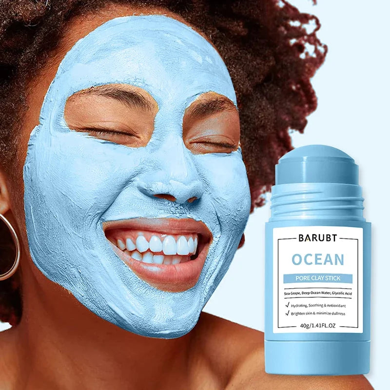 A tube of Barubt Ocean pore clay stick skincare product next to a woman applying the mask on her face.