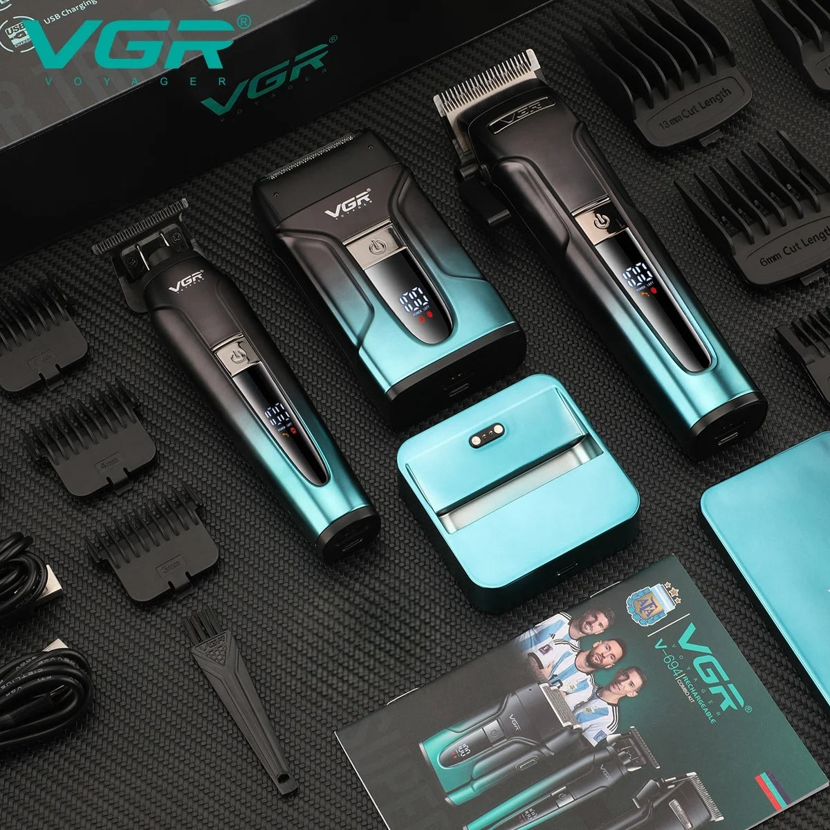 A collection of VGR professional electric hair and beard trimmer attachments and tools displayed on a dark surface.