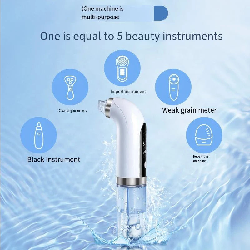A white micro bubble pore vacuum cleaner is shown in action, surrounded by icons illustrating its five multi-purpose function