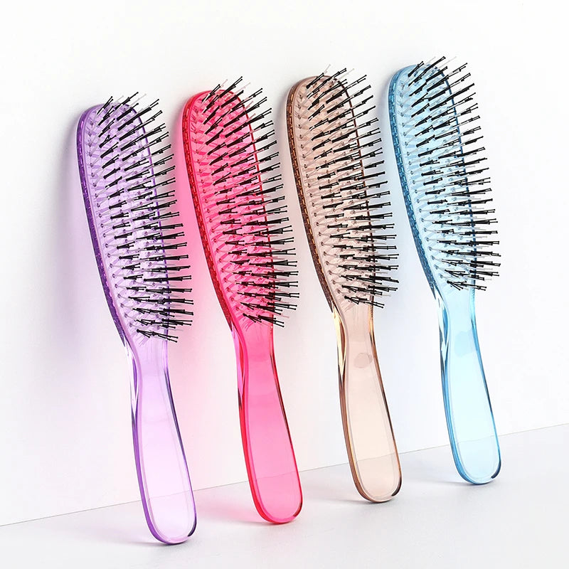 Four scalp massage combs in purple, pink, beige, and blue are displayed vertically.