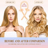 Before and after comparison showing hair before and after using a satin heatless curling set for overnight waves