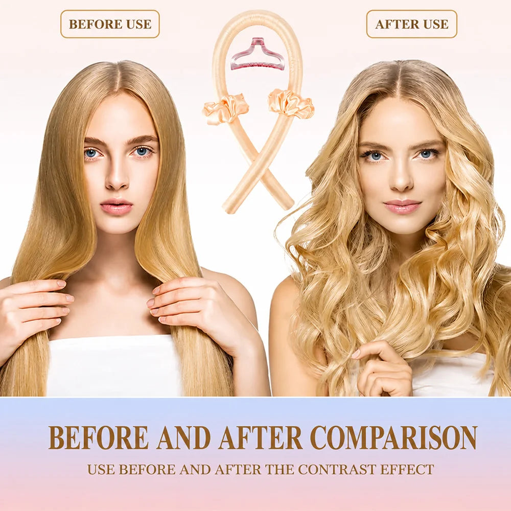 Before and after comparison showing hair before and after using a satin heatless curling set for overnight waves