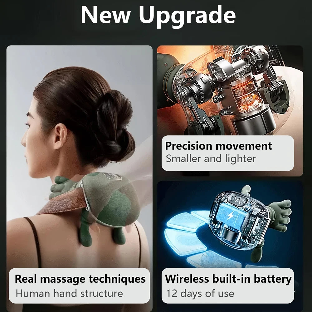 A woman is shown using a new upgrade massage device on her neck and shoulder, highlighting precision movement and a wireless 