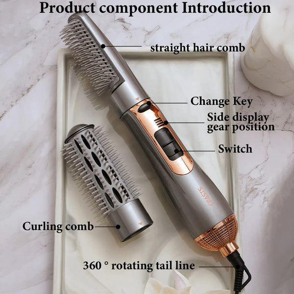A silver hot air styling comb set featuring a straight hair comb and a curling comb with various attachments.
