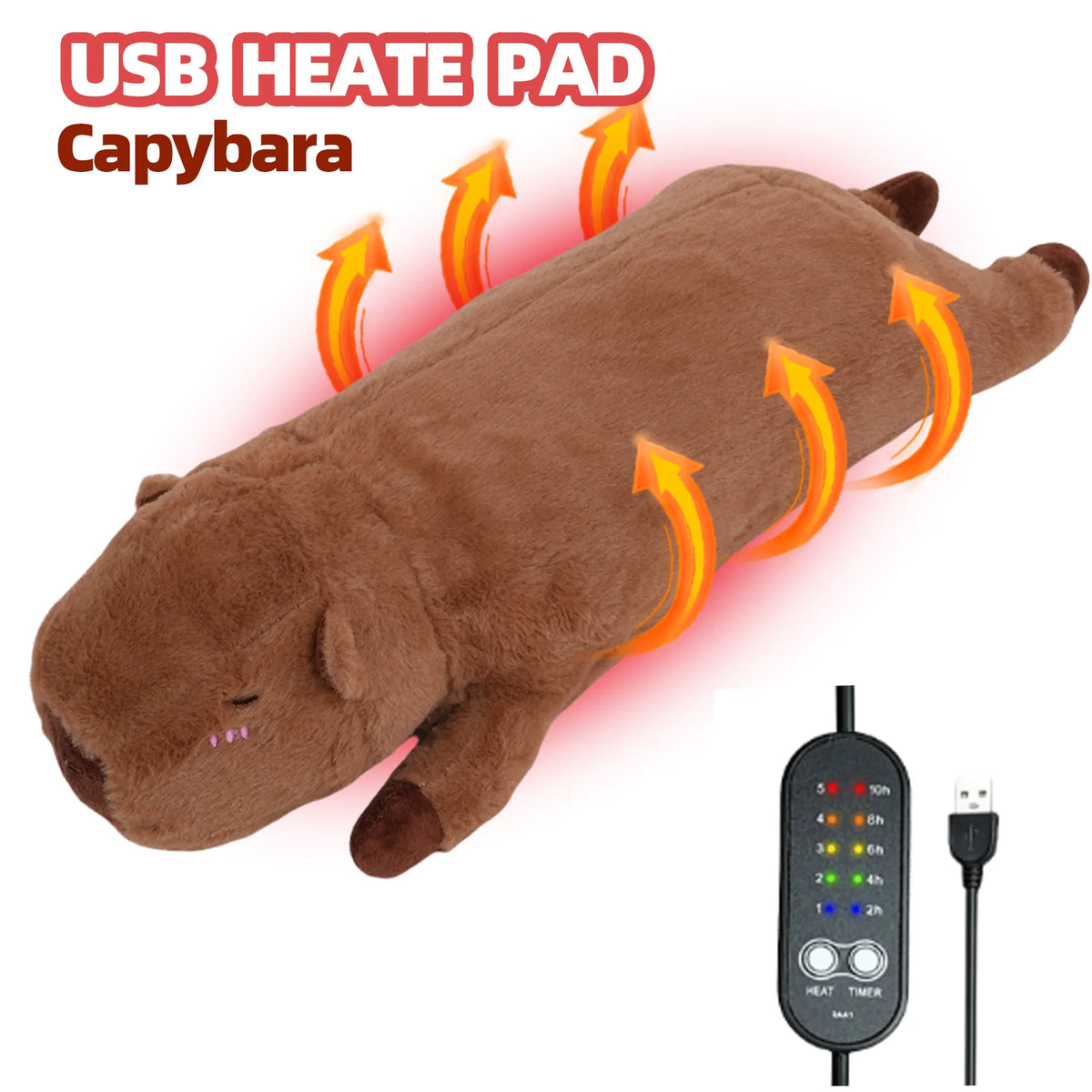 Brown capybara shaped USB heat pad with a remote control for muscle relief