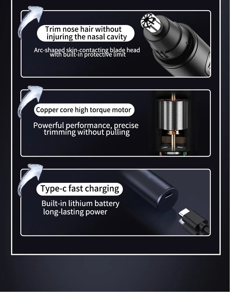Close-up view of a black nose hair trimmer highlighting its features including an arc-shaped blade head, copper core motor, a