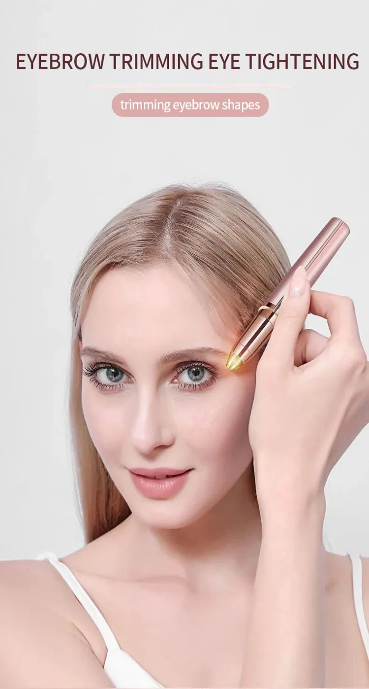 A woman is using a pink electric trimmer to trim and tighten her eyebrows.