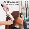 A hand is using a pink hair straightener on a woman's hair, demonstrating its dual use for dry and wet styling.