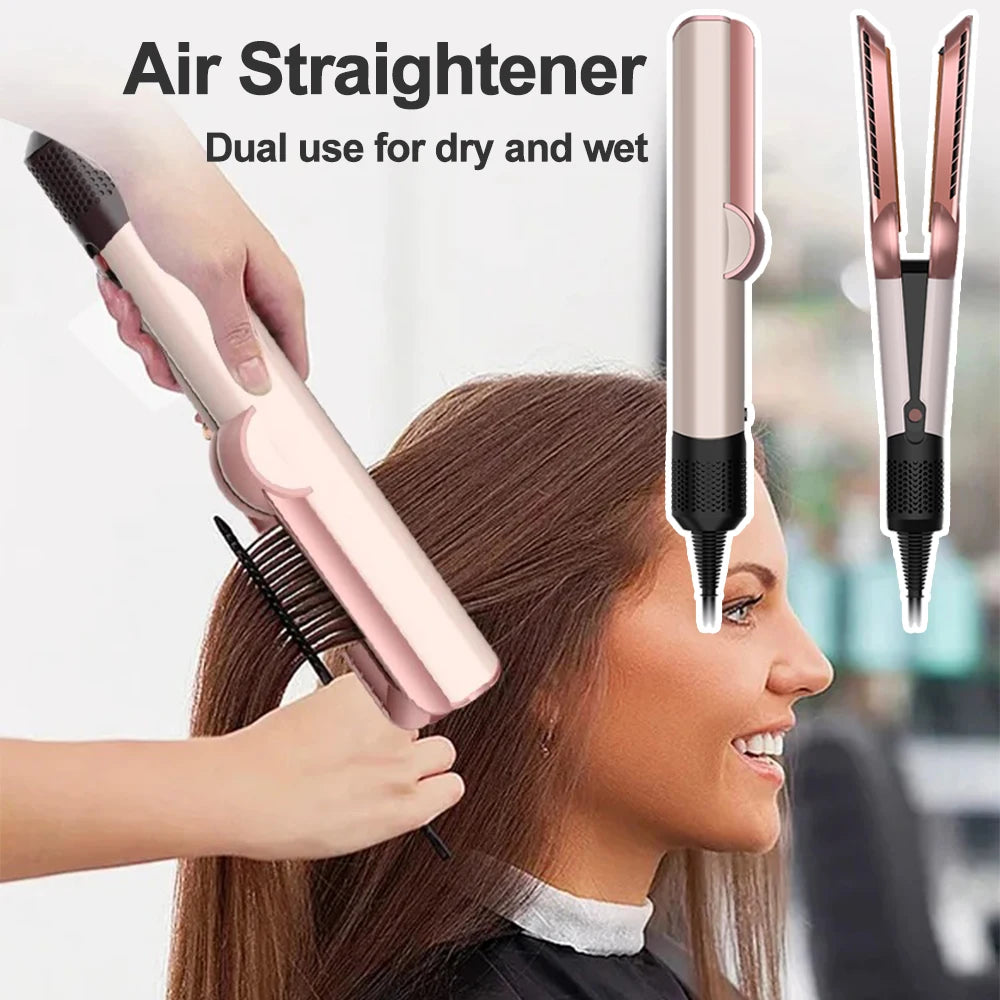 A hand is using a pink hair straightener on a woman's hair, demonstrating its dual use for dry and wet styling.