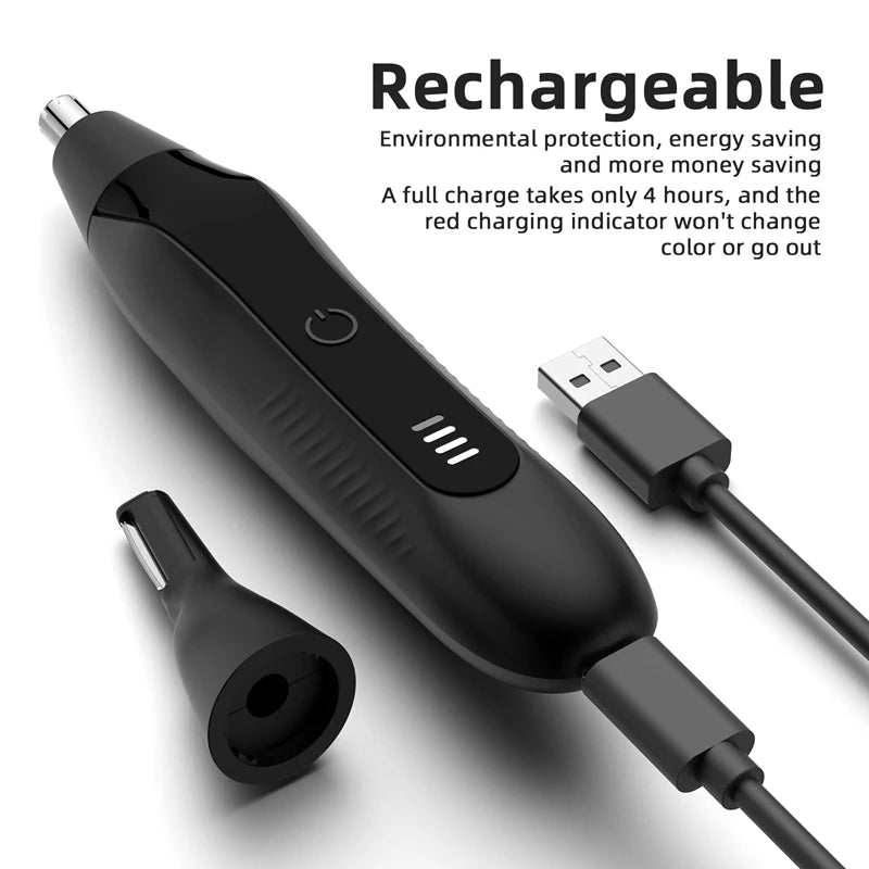 Schwarzer wiederaufladbarer Haartrimmer mit abnehmbarem Nasen- und Augenbrauenaufsatz und USB-Ladekabel.