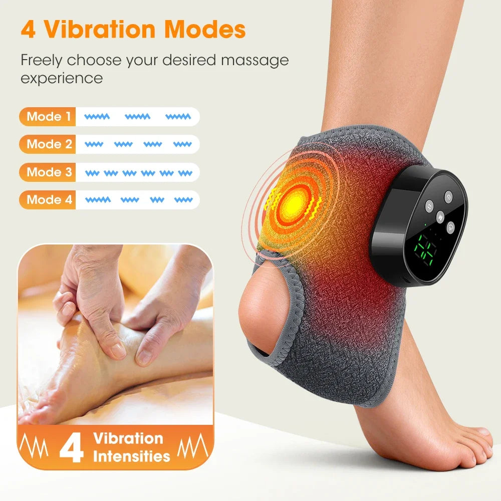 A black heated ankle massager with a vibrating pad is shown on a person's foot, demonstrating four vibration modes and four i