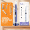 A blue ultrasonic dental scaler tool with various cleaning and shaping tips displayed next to the product box.