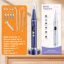 Un curette dentaire ultrasonique bleue avec divers embouts de nettoyage et de modelage, à côté de la boîte du produit.