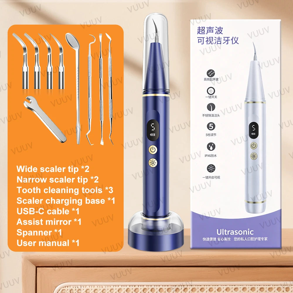 A blue ultrasonic dental scaler tool with various cleaning and shaping tips displayed next to the product box.