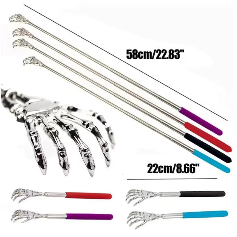 Stainless steel telescoping back massagers shown with various sizes and a hand for scale.