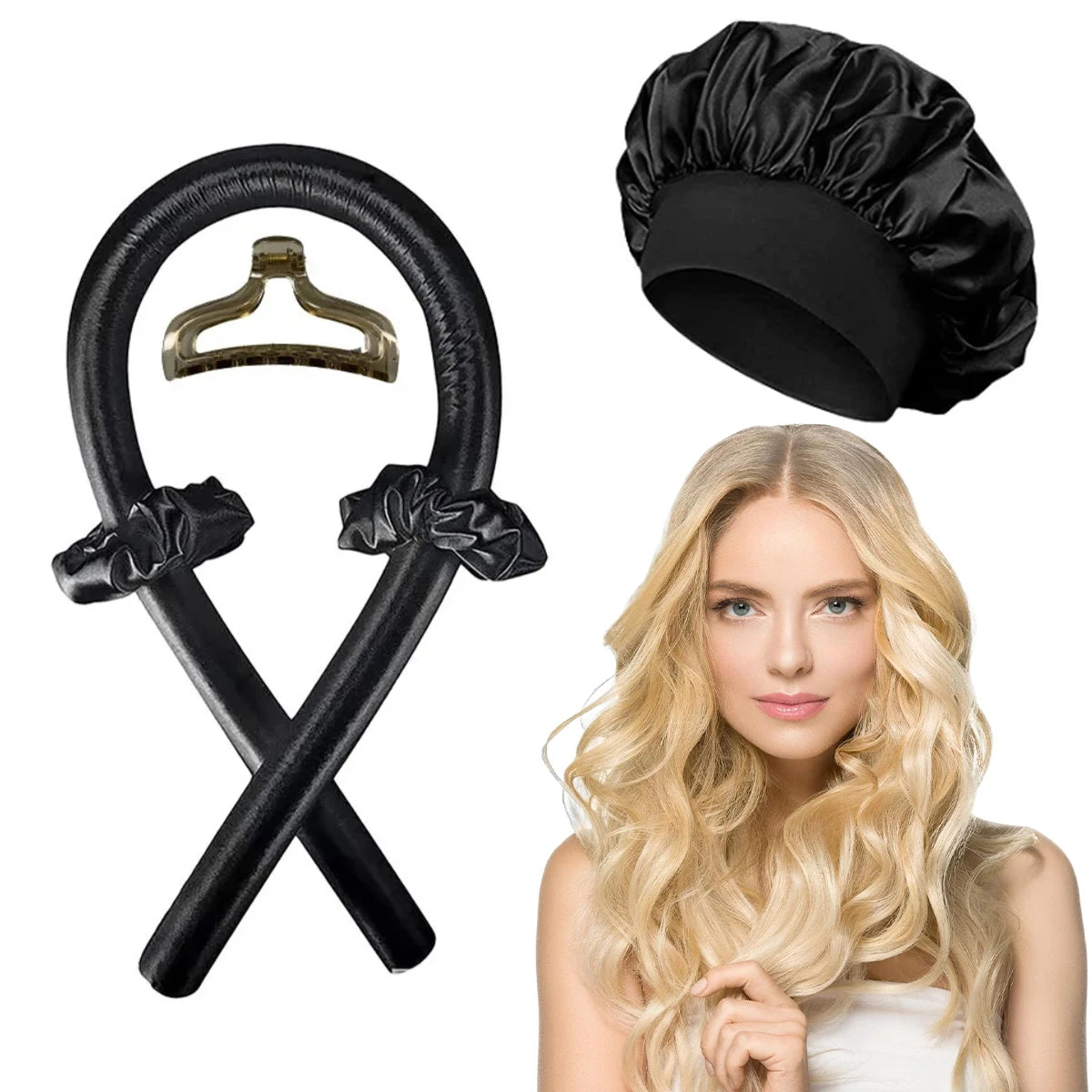 Black heatless curling rod headband and satin bonnet set displayed next to a blonde woman