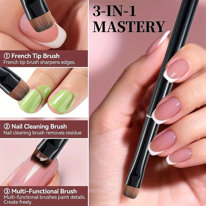 A set of 3-in-1 precision nail brushes including a French tip brush, a nail cleaning brush, and a multi-functional brush show