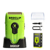 A lime green BRDCLIP professional electric shaver trimmer with a black charging base and accessories.
