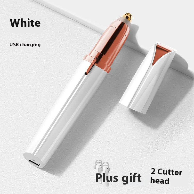 White electric eyebrow trimmer with USB charging cable and a spare cutter head included as a gift