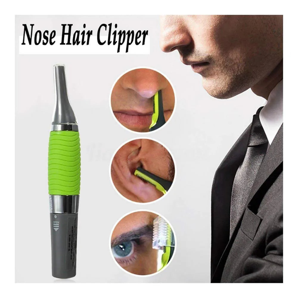 A close-up of a green nose hair clipper and related grooming tools being used on a man's face.