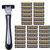 A set of stainless steel safety razors with replaceable triple-blade heads arranged in rows.
