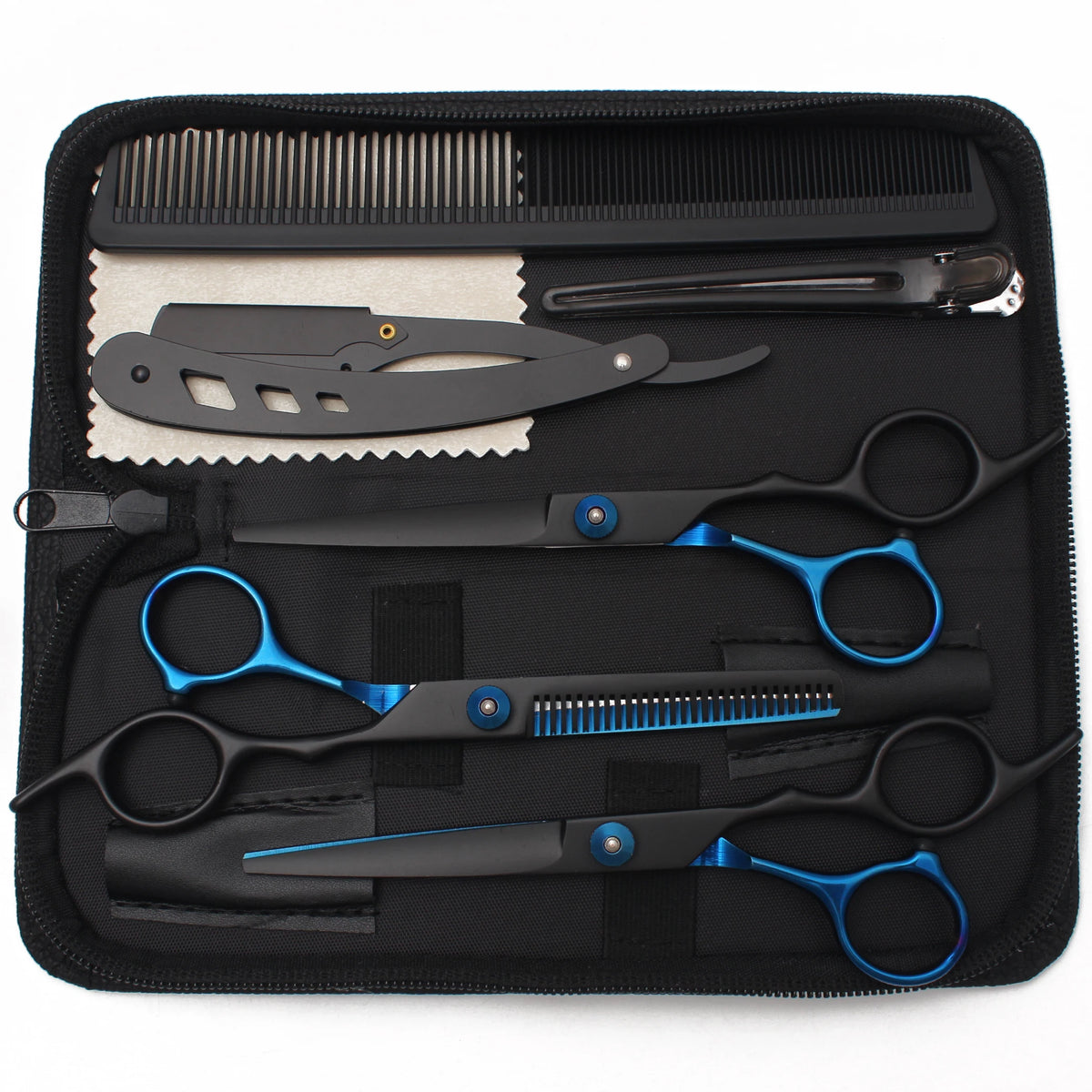 A black case containing professional stainless steel hairdressing scissors and combs.