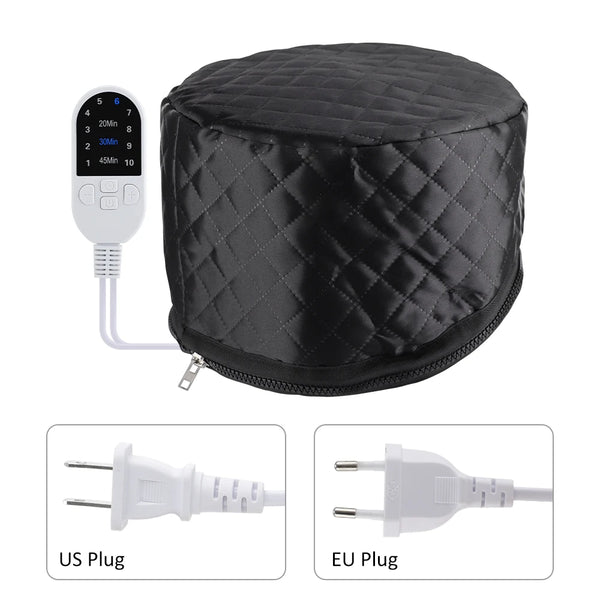 Black electric hair steamer cap with US and EU plugs shown next to the product.