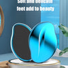 A blue glass foot file tool is displayed on a white stand with text promoting soft and delicate feet for beauty.