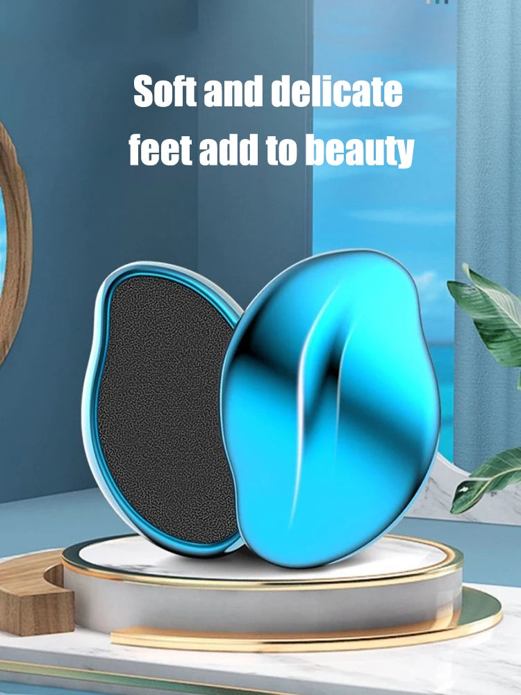 A blue glass foot file tool is displayed on a white stand with text promoting soft and delicate feet for beauty.
