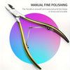 A pair of professional stainless steel nail and cuticle clippers with a gold-toned handle against a purple background.