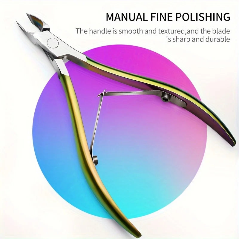 A pair of professional stainless steel nail and cuticle clippers with a gold-toned handle against a purple background.