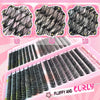 A pink box displaying various lash extensions including 3D, 4D, and SOD styles for individual cluster lashes.