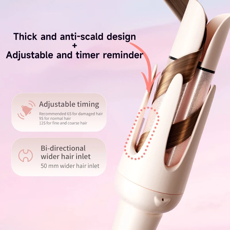 Close-up of a professional automatic rotating ceramic hair curler with adjustable features and timer reminder