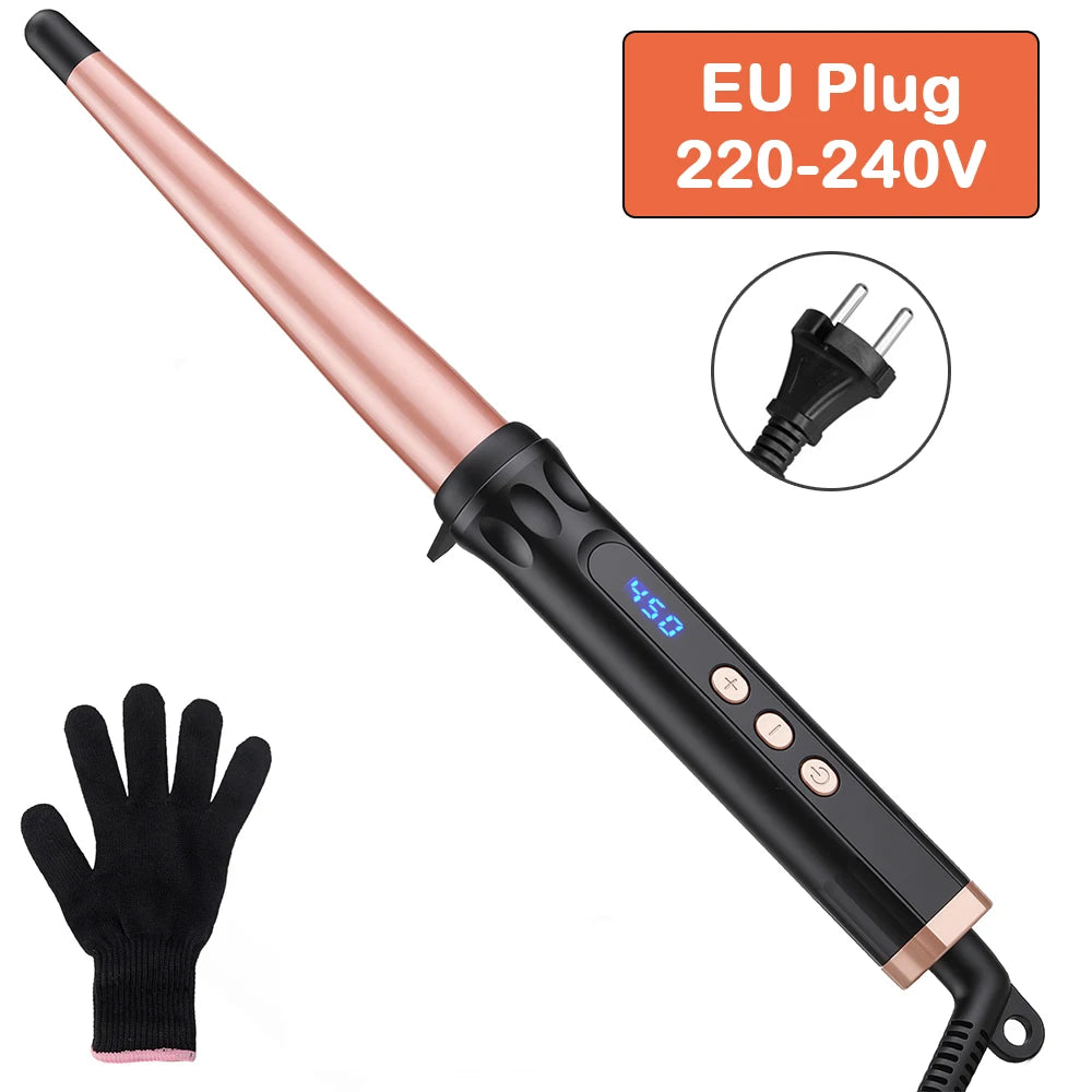 A professional ceramic curling wand with a pink handle and black body, shown next to a black glove.
