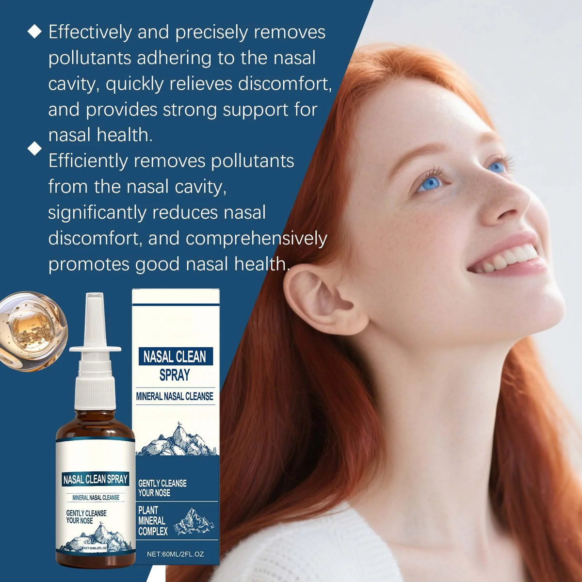 A woman is shown using a nasal spray for congestion relief, with the product bottle visible.