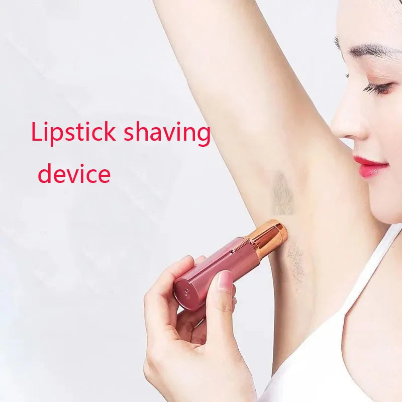 A hand holds a pink lipstick shaving device against a person's skin for facial hair removal.