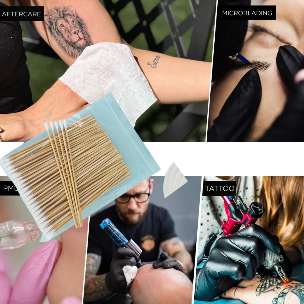 Collection de cotons-tiges en bois réutilisables et gros plan de microblading sur la peau.