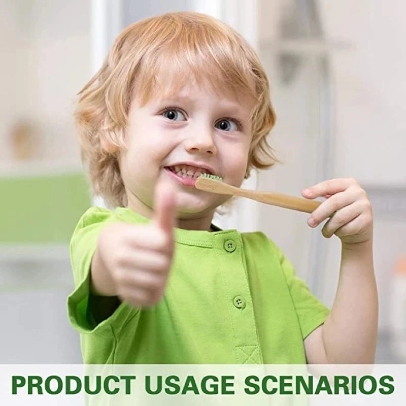 A smiling toddler holds up a bamboo toothbrush with soft bristles for a product usage scenario.