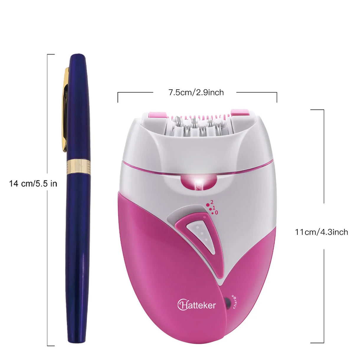 A pink and white electric hair removal epilator device shown next to its dimensions.
