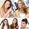 Cuatro mujeres modelando un peine para cuero cabelludo de jabalí en varios colores y estilos.