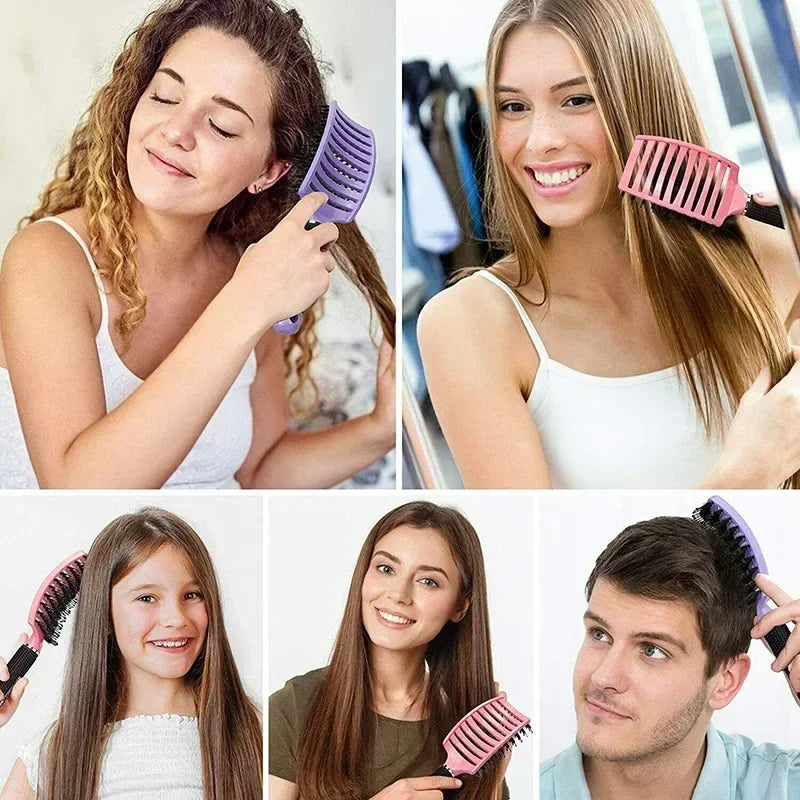 Cuatro mujeres modelando un peine para cuero cabelludo de jabalí en varios colores y estilos.