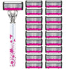 A set of stainless steel multi-layer body hair removal razors in pink and silver packaging.