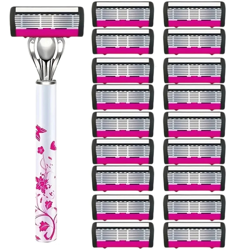 A set of stainless steel multi-layer body hair removal razors in pink and silver packaging.