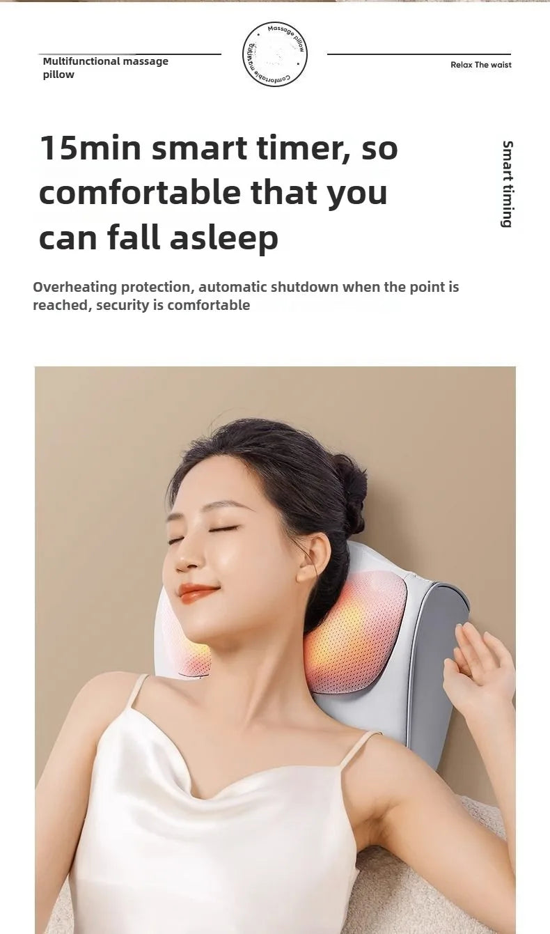 A woman is using a light gray massage pillow for relaxation, with the device visible on her neck and shoulder area.