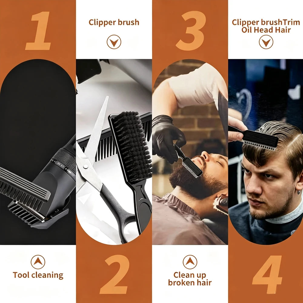 Four steps showing how to use and clean a clipper brush for trimming hair.