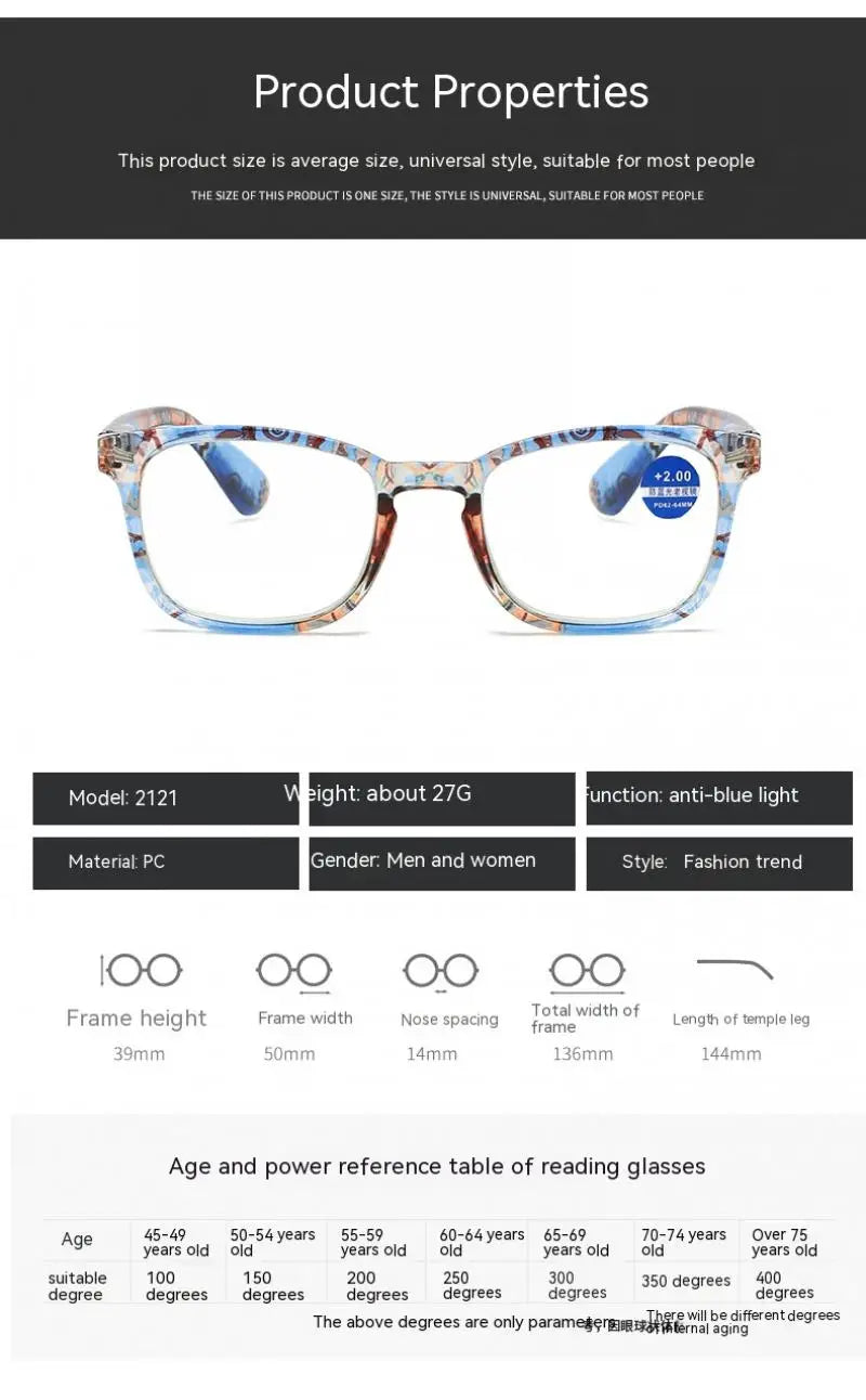 A pair of light blue and orange patterned reading glasses shown from the front.